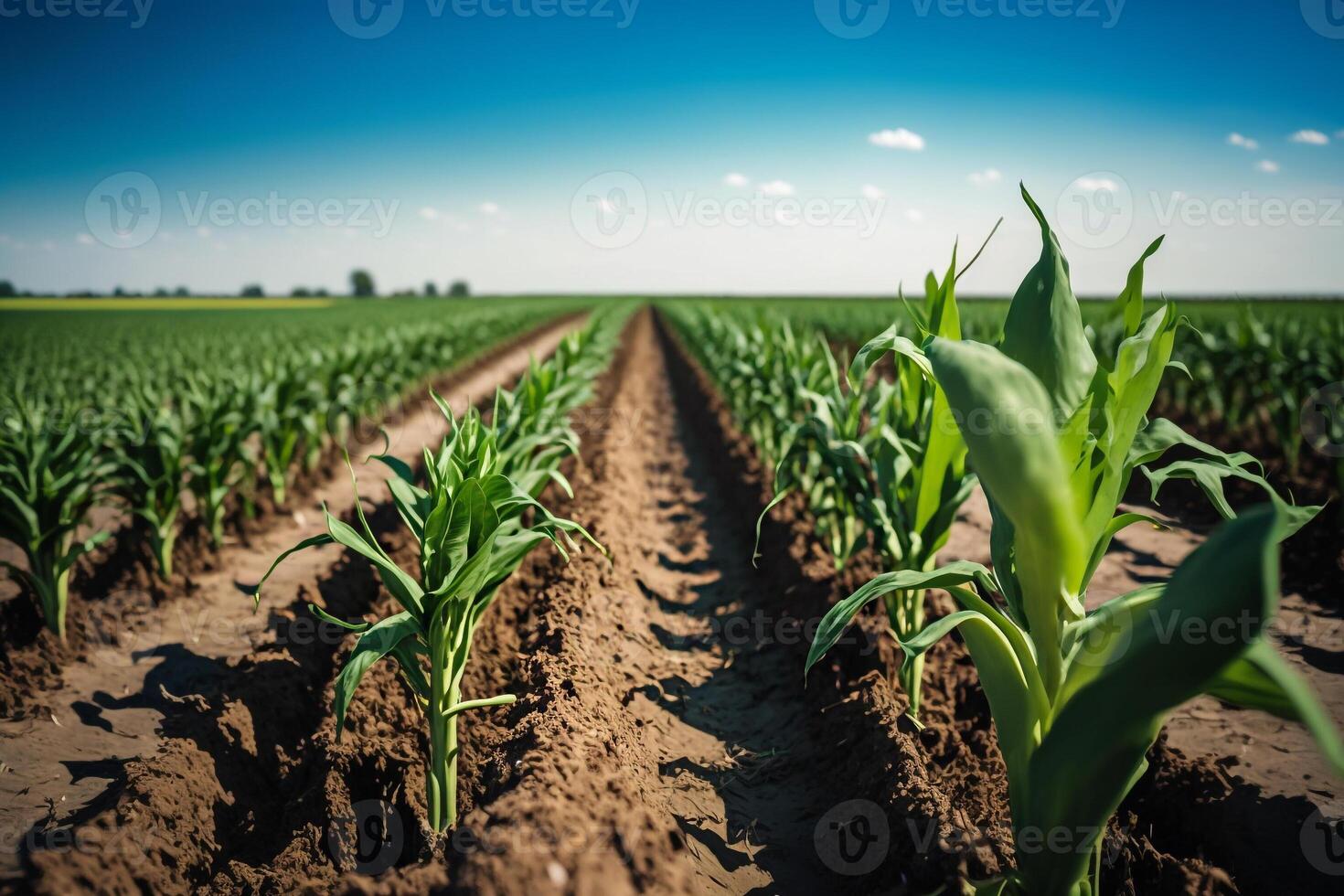 field with green sprouts of young corn plants photo
