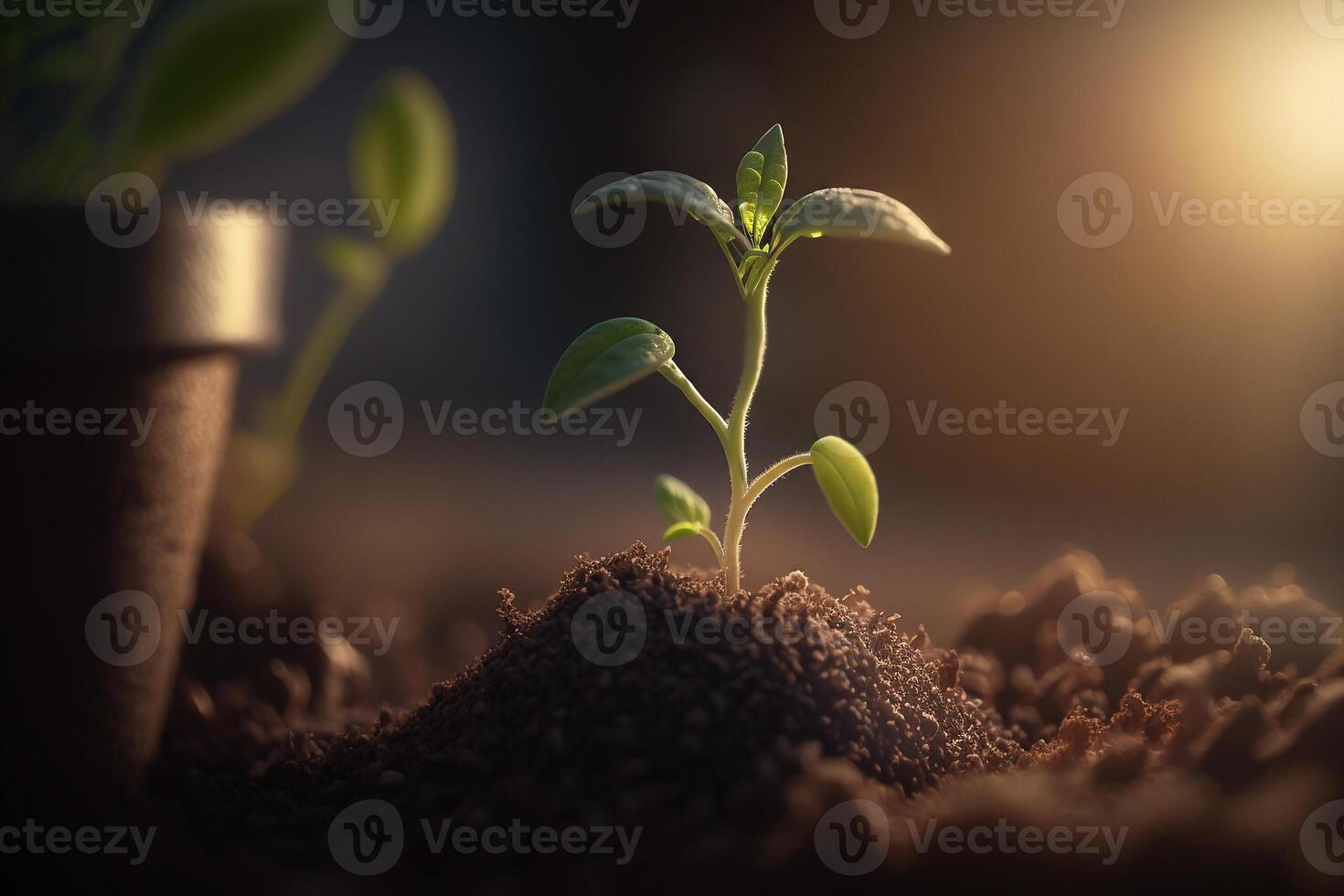 a young plant growth out of the ground the morning rays of the sun photo