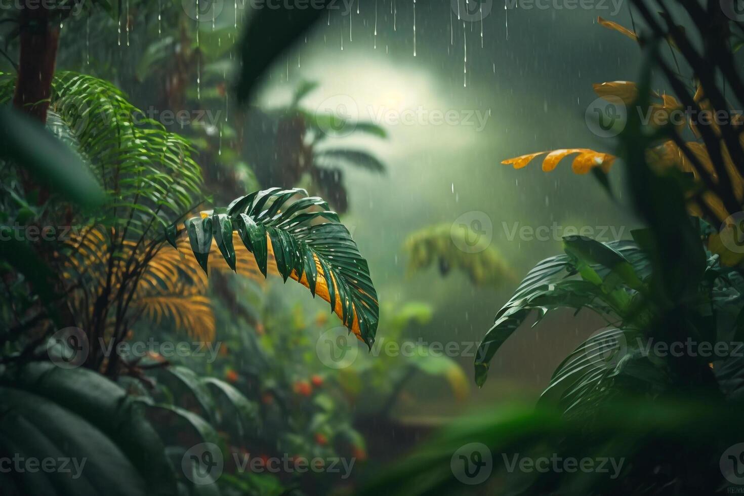 green jungle leaf in rain nature background illustration photo