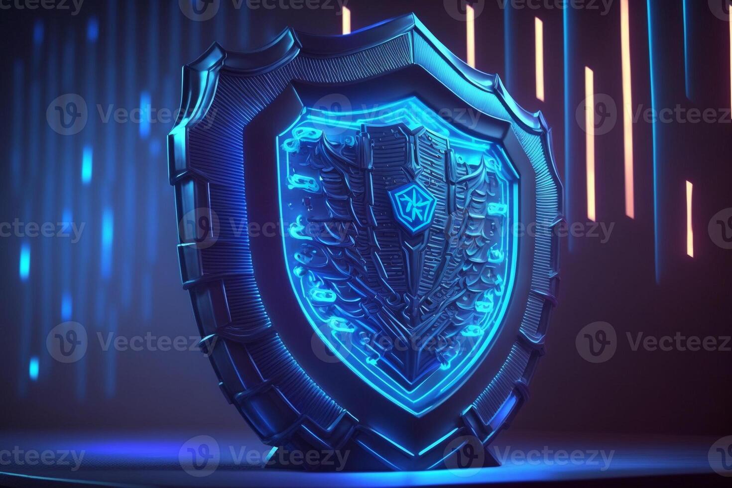 cyber security, guard data protection shield neon blue color illustration photo