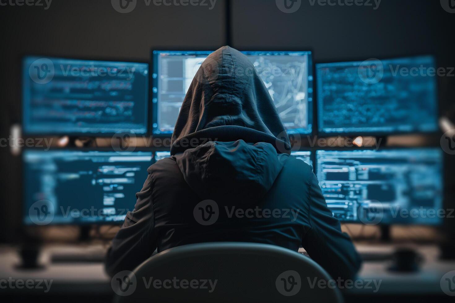 hacker working behind computer monitors illustration photo