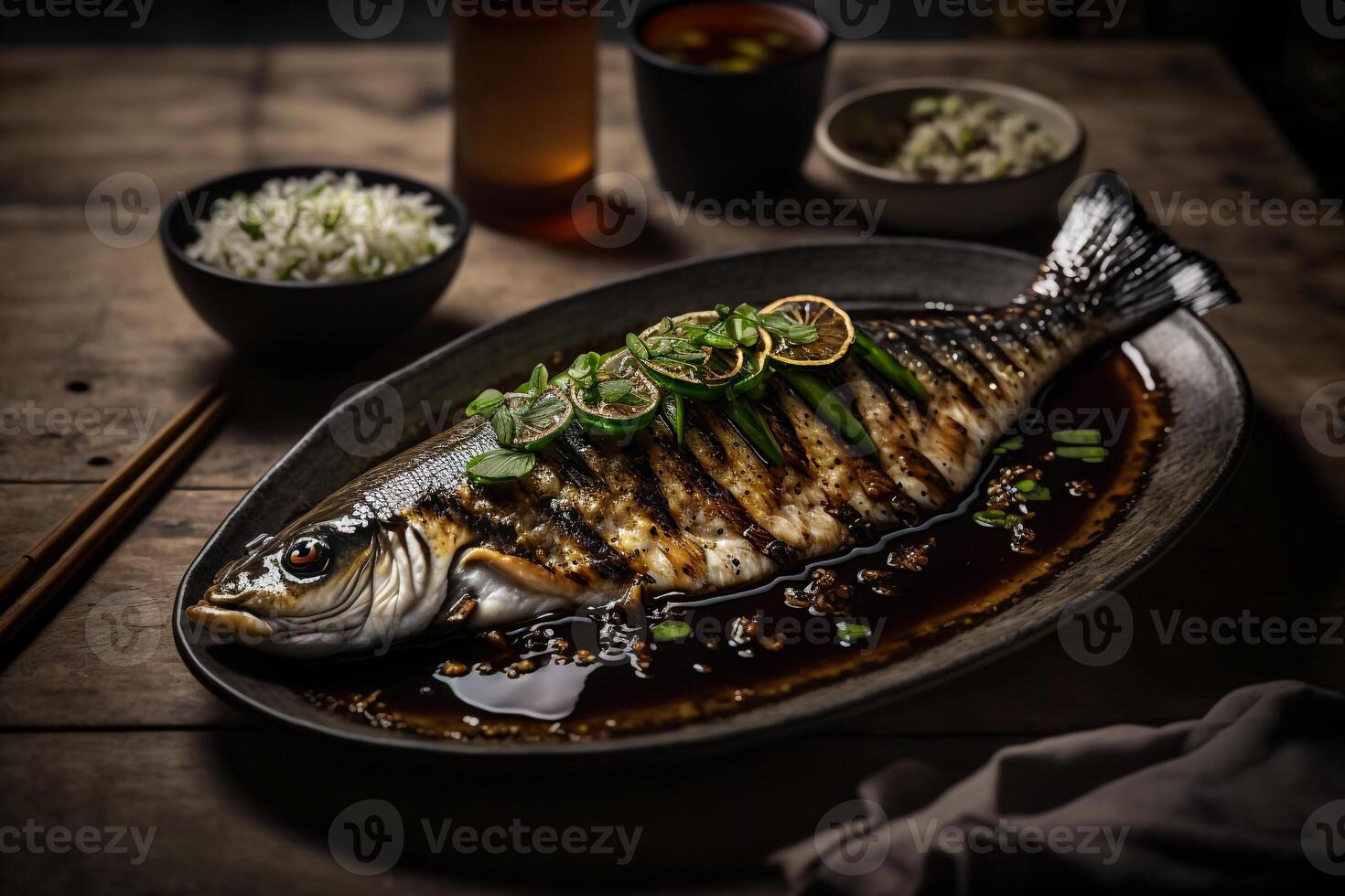 A la parrilla pescado con ajo y soja salsa ilustración generativo ai foto