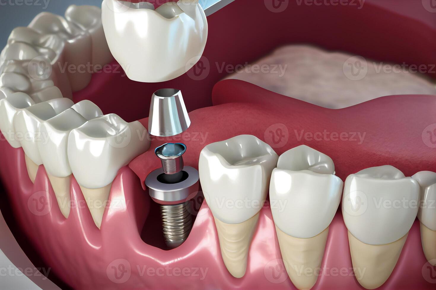installation implant tooth, metal screw and white crown tooth of a