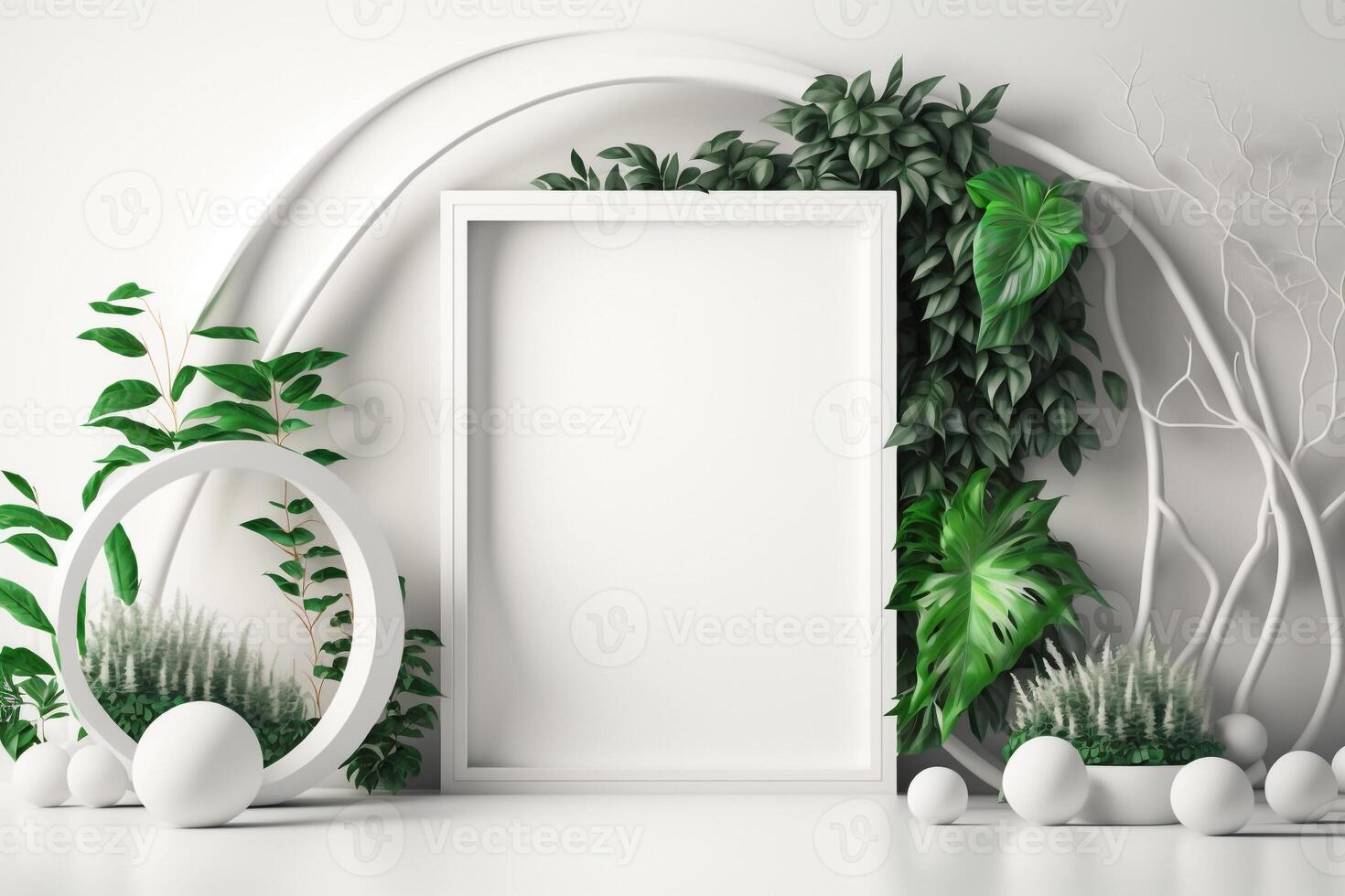 vertical empty white frame canvas mockup with green plant nature photo