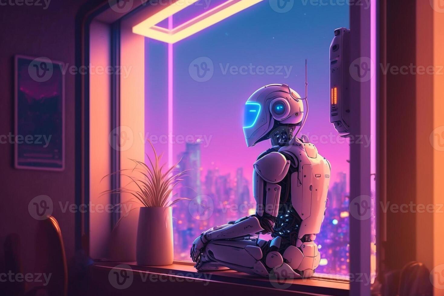 sad robot looks out the window, robotic recognizes emotions illustration photo