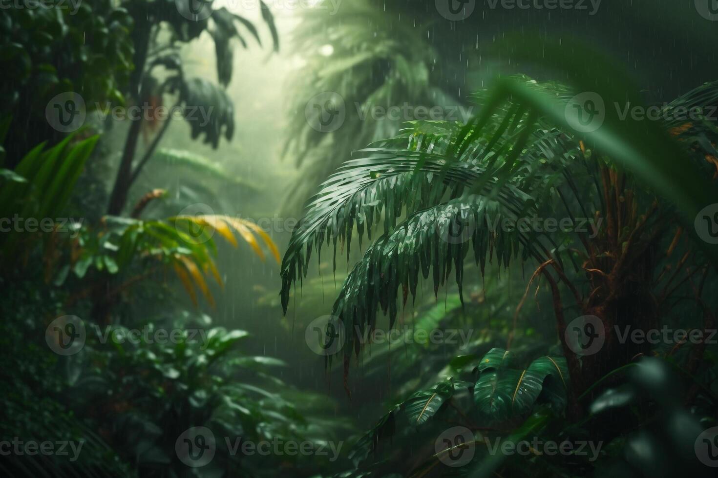 green jungle leaf in rain nature background illustration photo