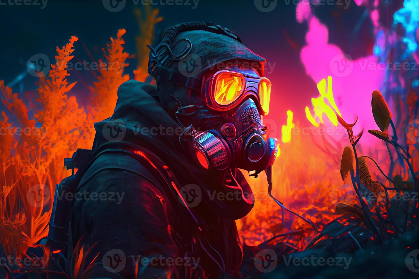 fantasy character in biochemical face mask and glow glasses radiation chemical apocalypse art illustration photo