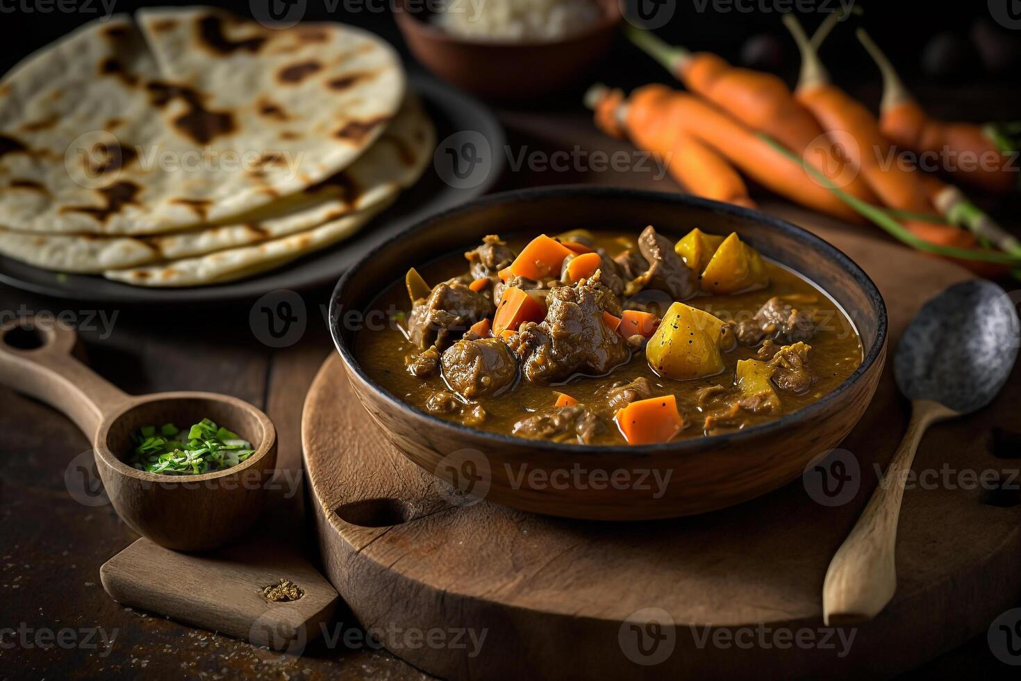 bowl of hearty creamy Jamaican food goat curry soup photo