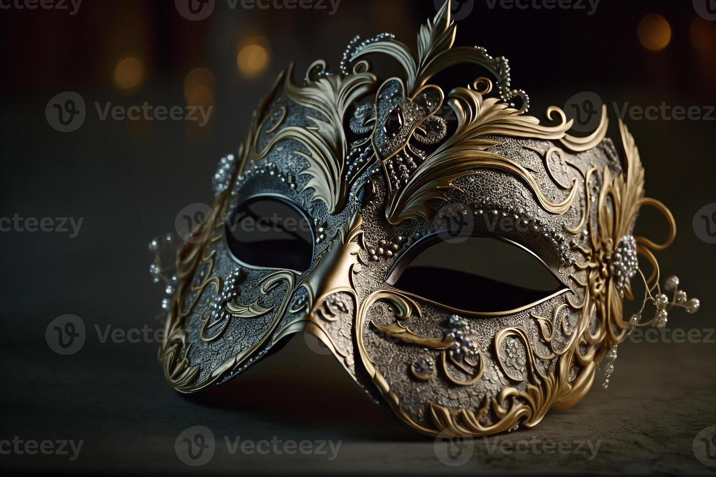 carnaval metal hembra máscara en oscuro generativo ai foto