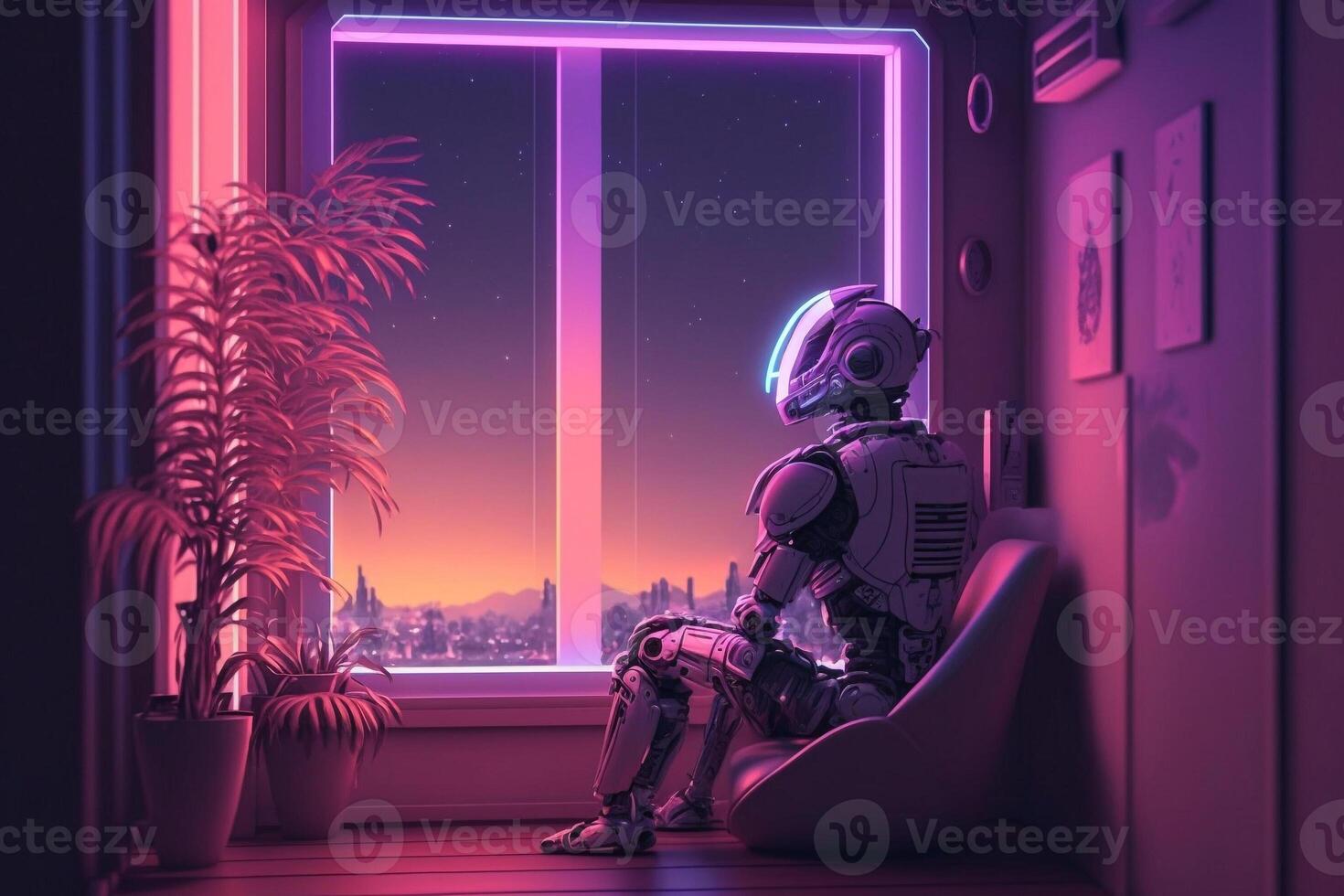 robot cyborg sad at the window futuristic fantasy style illustration photo