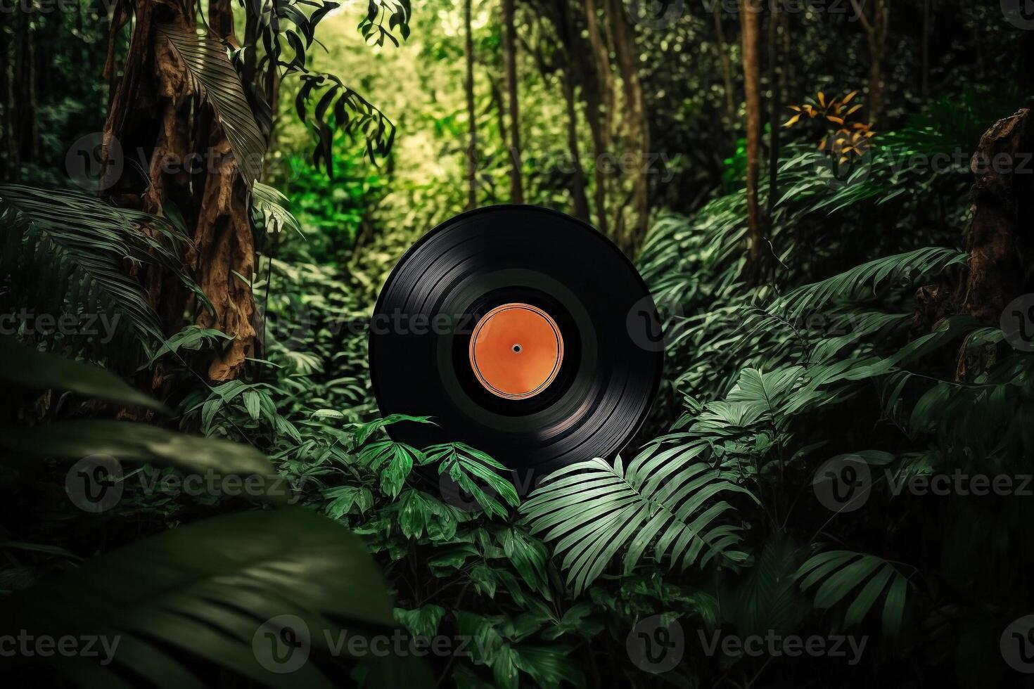 vinyl record on green jungle background photo