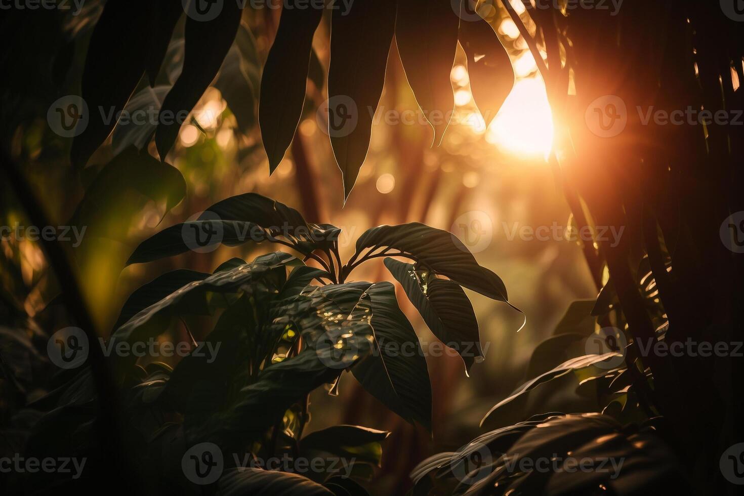 the morning sun breaks through the jungle leaves nature background illustration photo