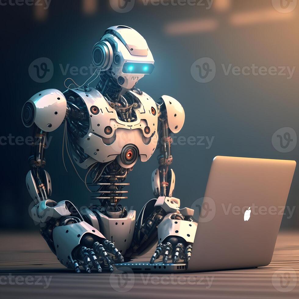 Robot in front of the laptop, robot controlling computer with artificial intelligence future technology photo