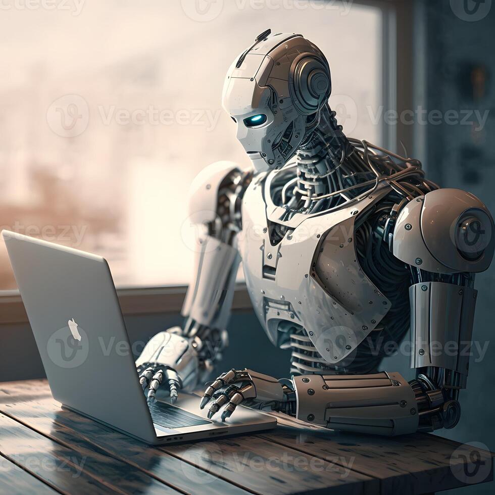 Robot in front of the laptop, robot controlling computer with artificial intelligence future technology photo