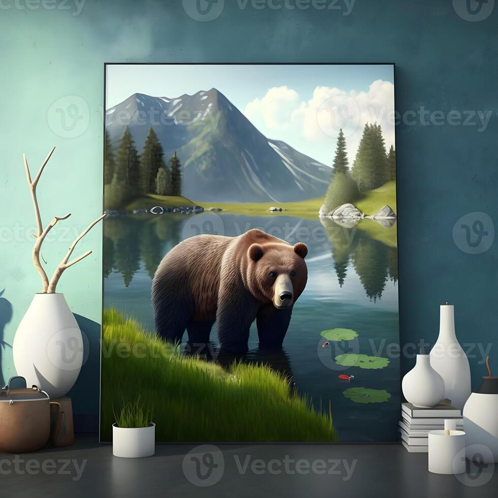 A painting of a bear in a lake with mountains in the background. photo