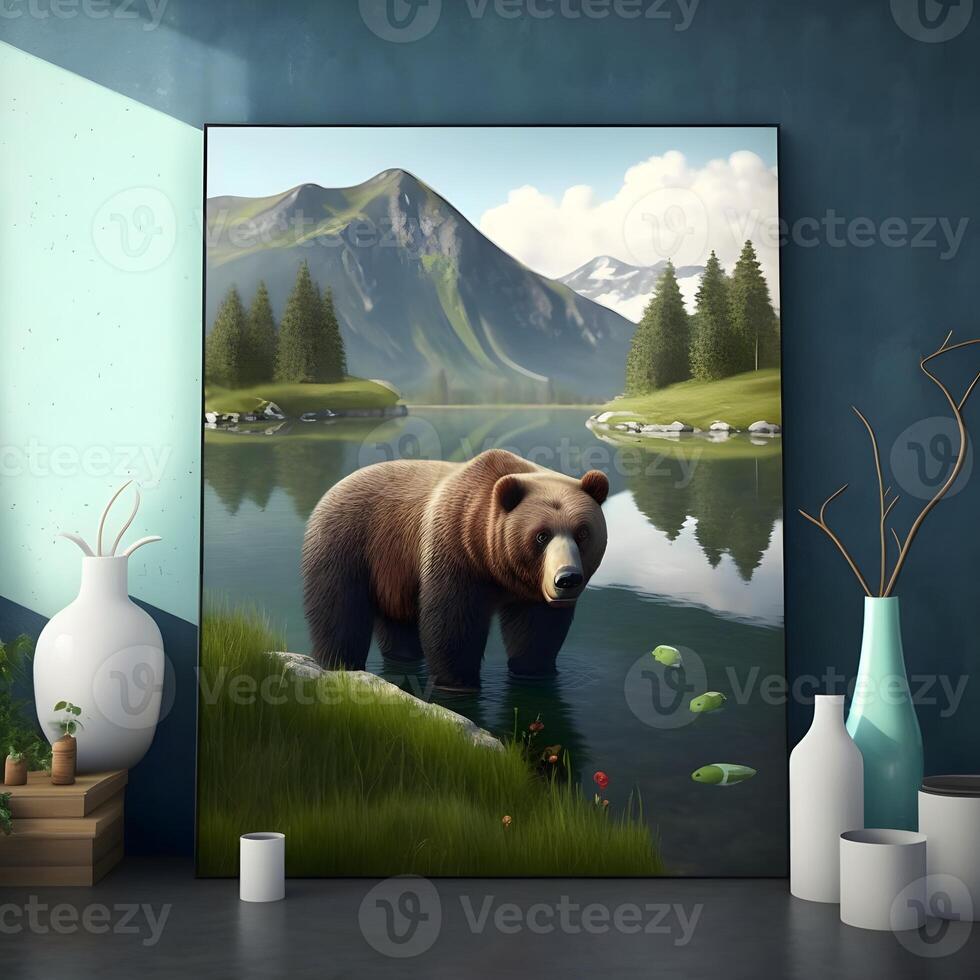 A painting of a bear in a lake with mountains in the background. photo