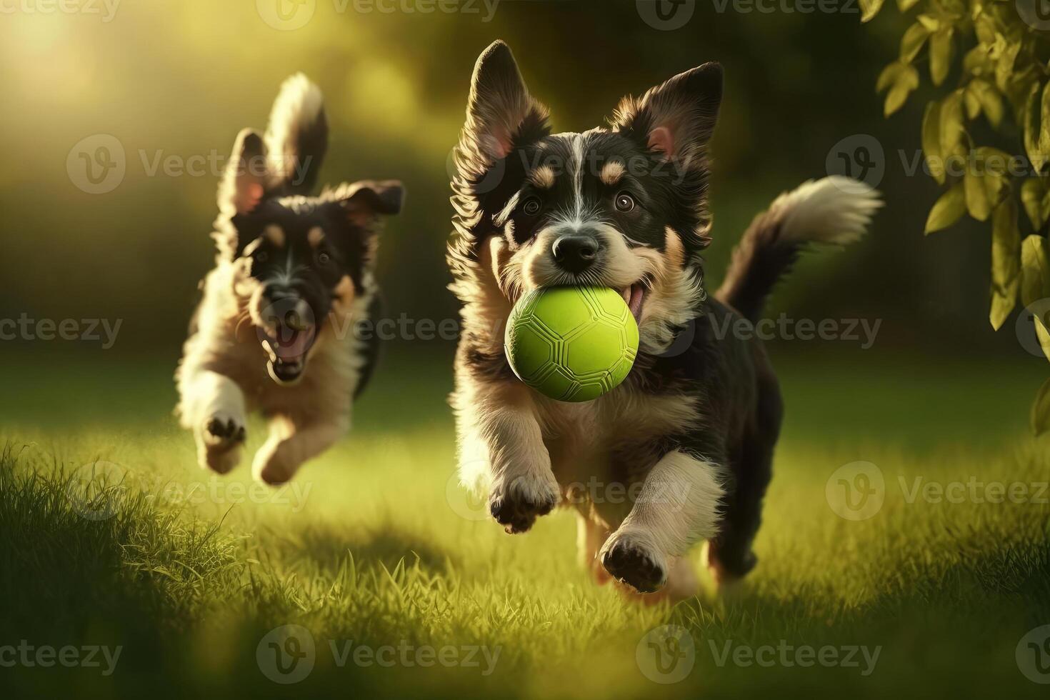 perro mascota en el parque jugando con un pelota en un verde césped generativo ai foto