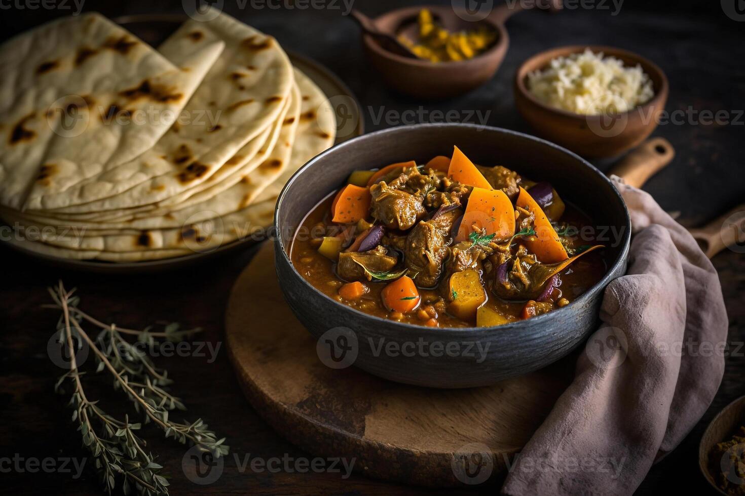 bowl of hearty creamy Jamaican food goat curry soup photo