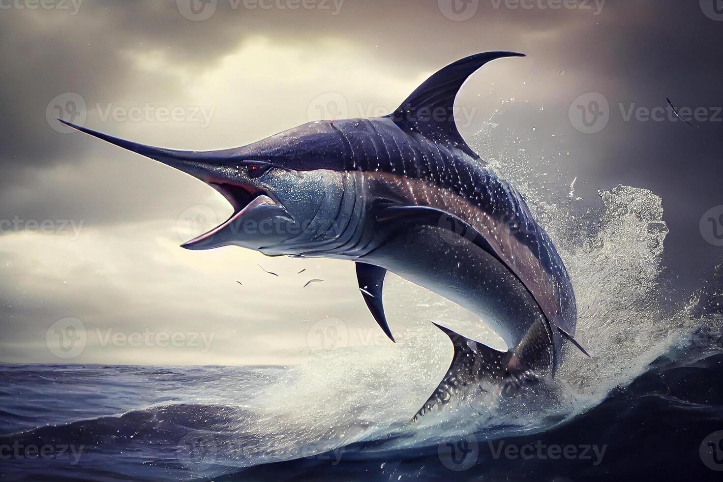 marlin jumping out of the sea water illustration photo