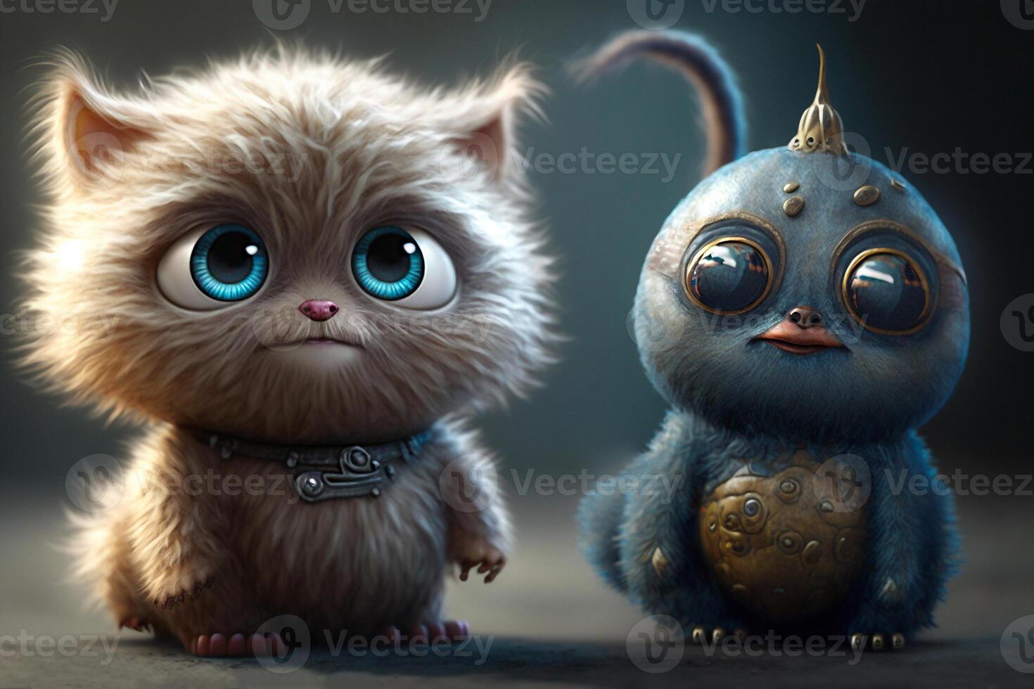 cartoon kitten and chick with beautiful big eyes beautifulillustration photo