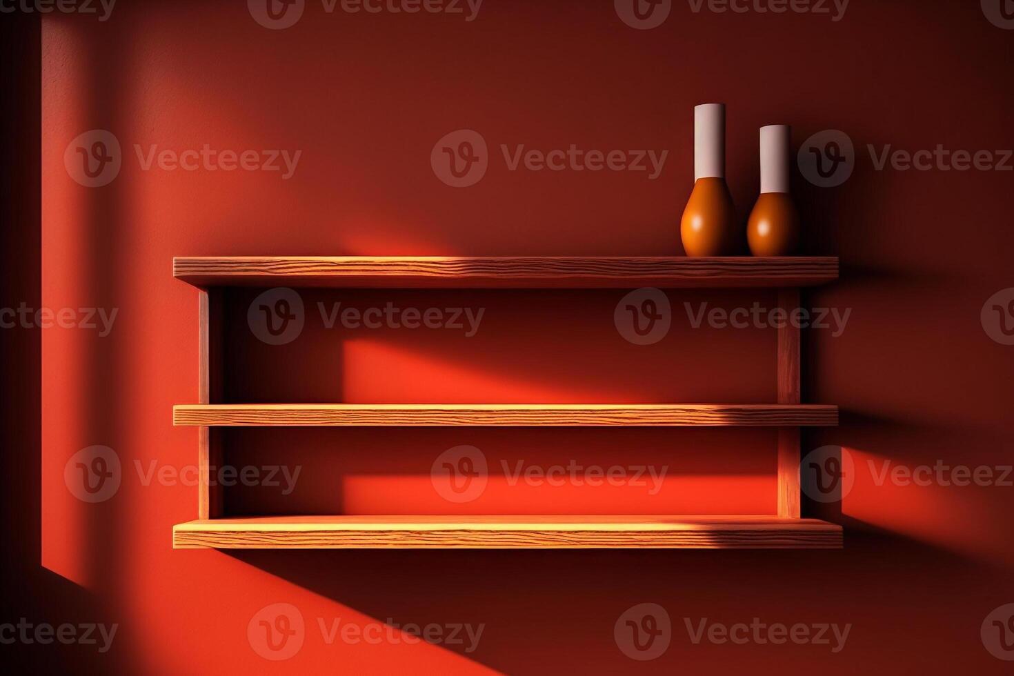 red wall wooden shelf photo