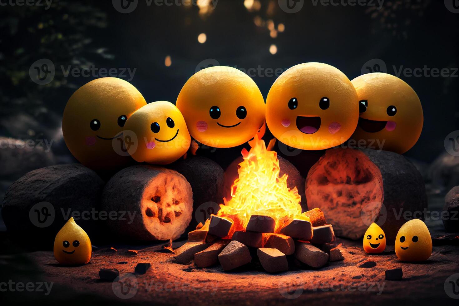 yellow emoticons emoji are resting in nature by the fire illustration photo