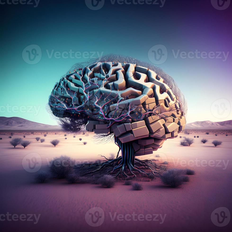 Imagination of brain with network system and tree in the desert photo