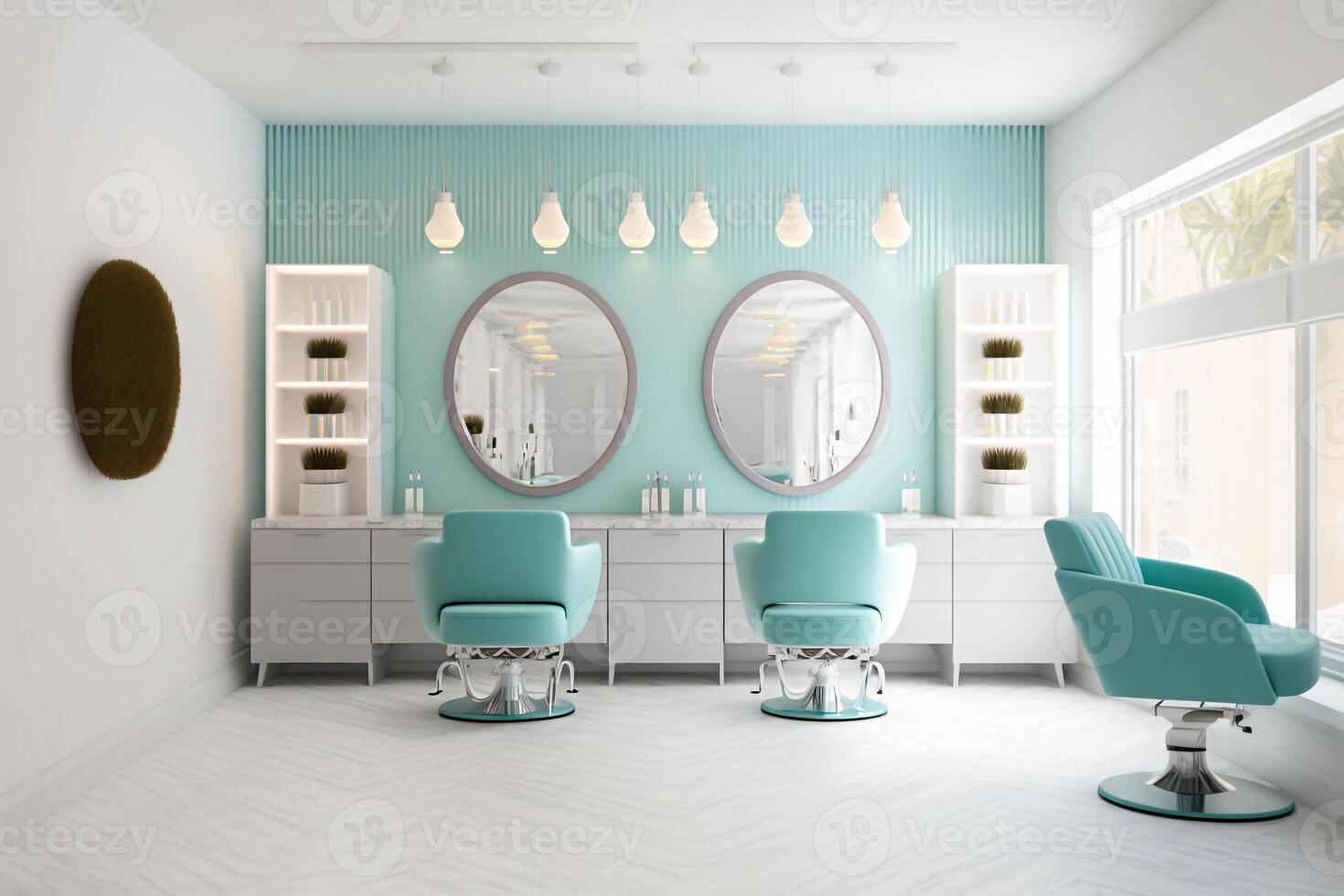 white light beauty salon room with armchairs and mirrors photo