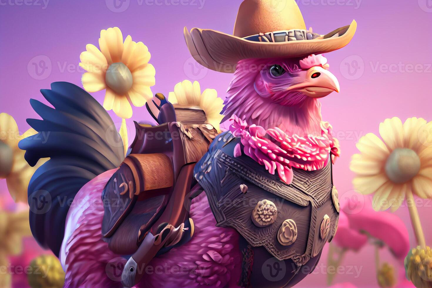 cartoon pink glamour rooster cowboy illustration photo