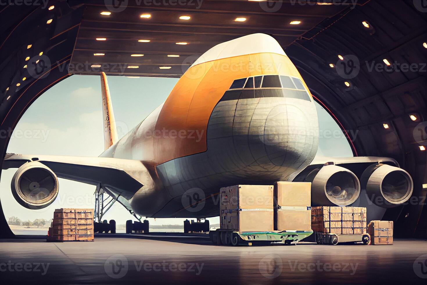 cargo plane unloads containers with boxes, air freight illustration photo