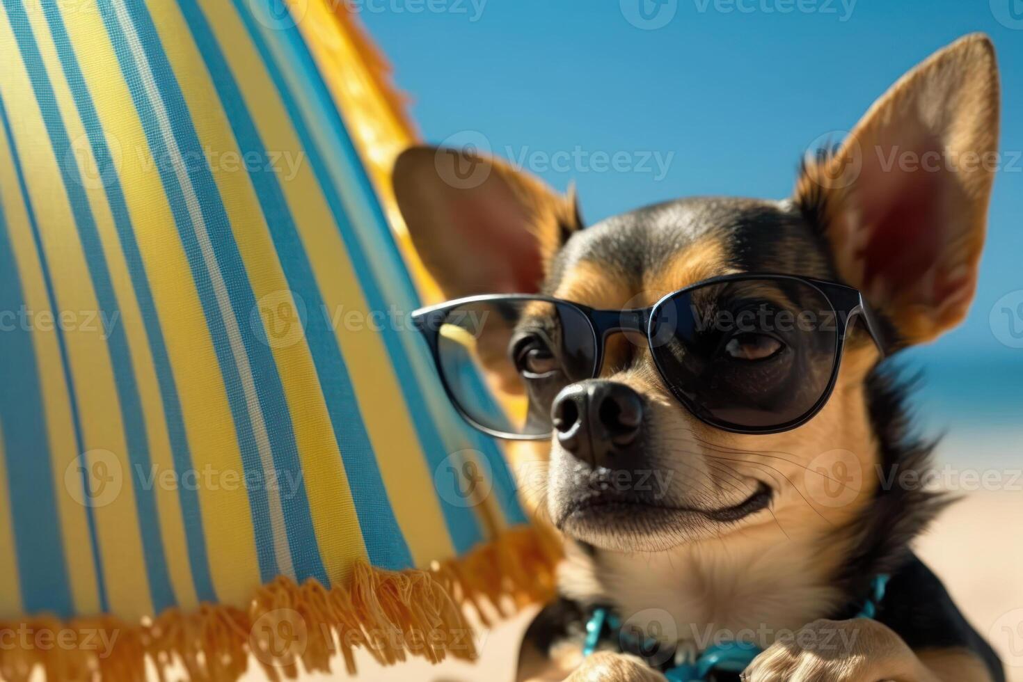 beach holiday with funny pet, chihuahua dog at the resort photo