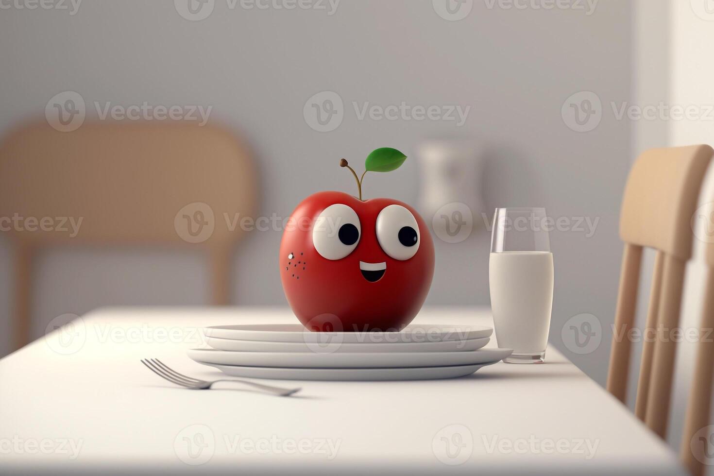 funny red apple with eyes in a kitchen plate photo