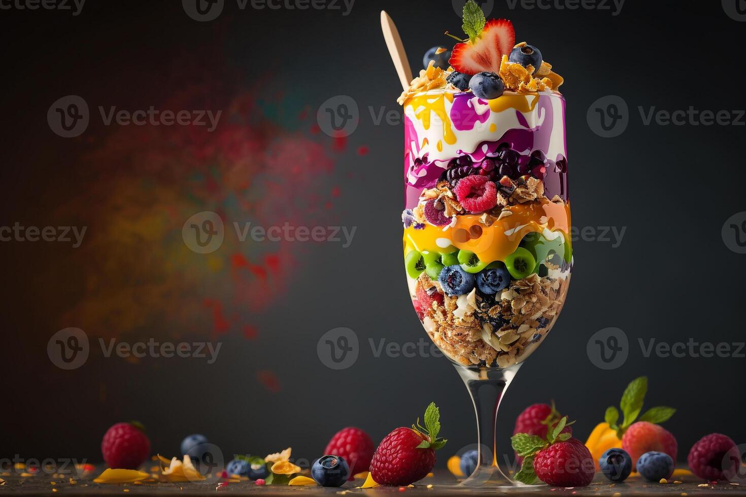 assorted fruit ice cream in glass, layers of different flavors of popsicles photo