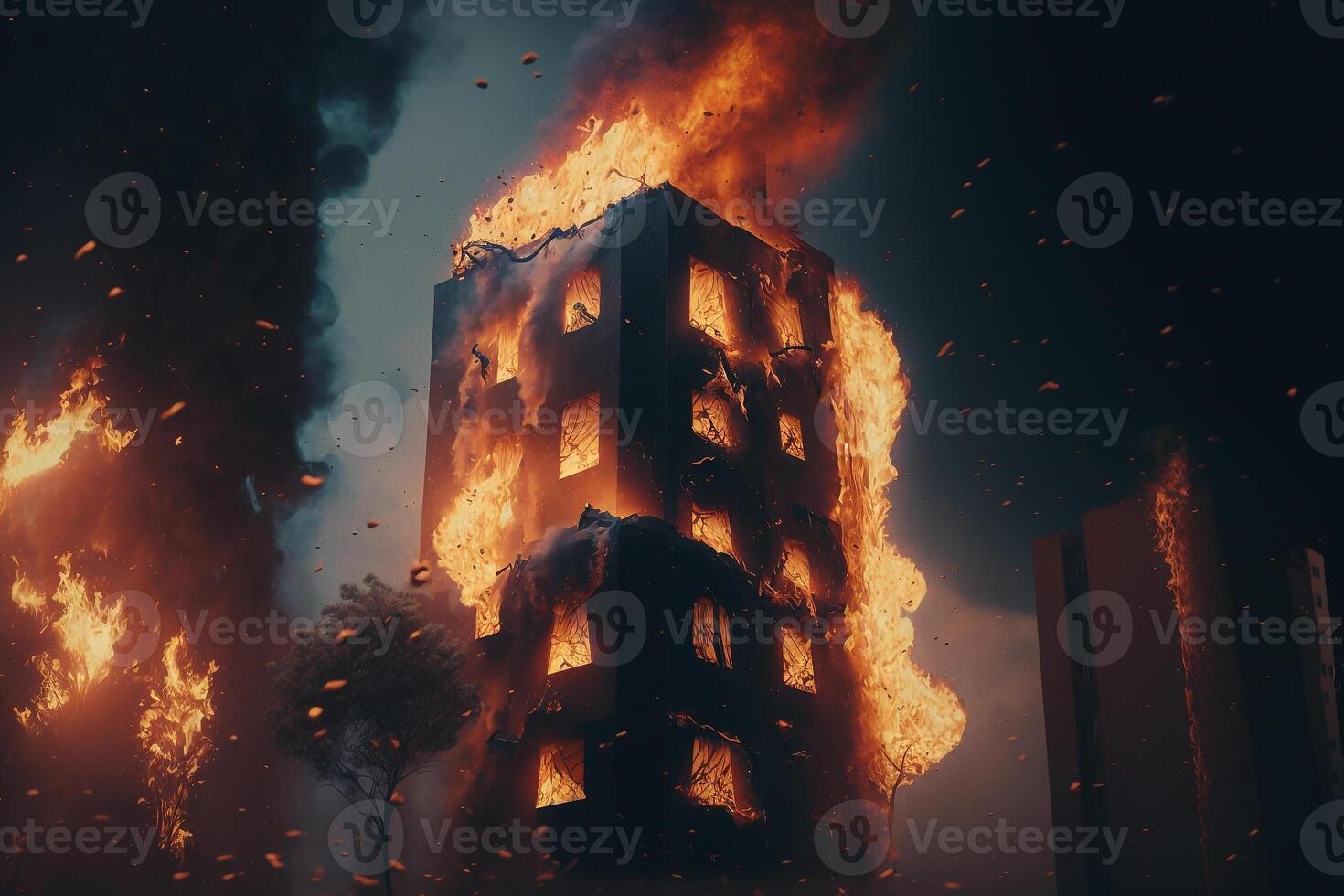 burning apartment house building illustration photo