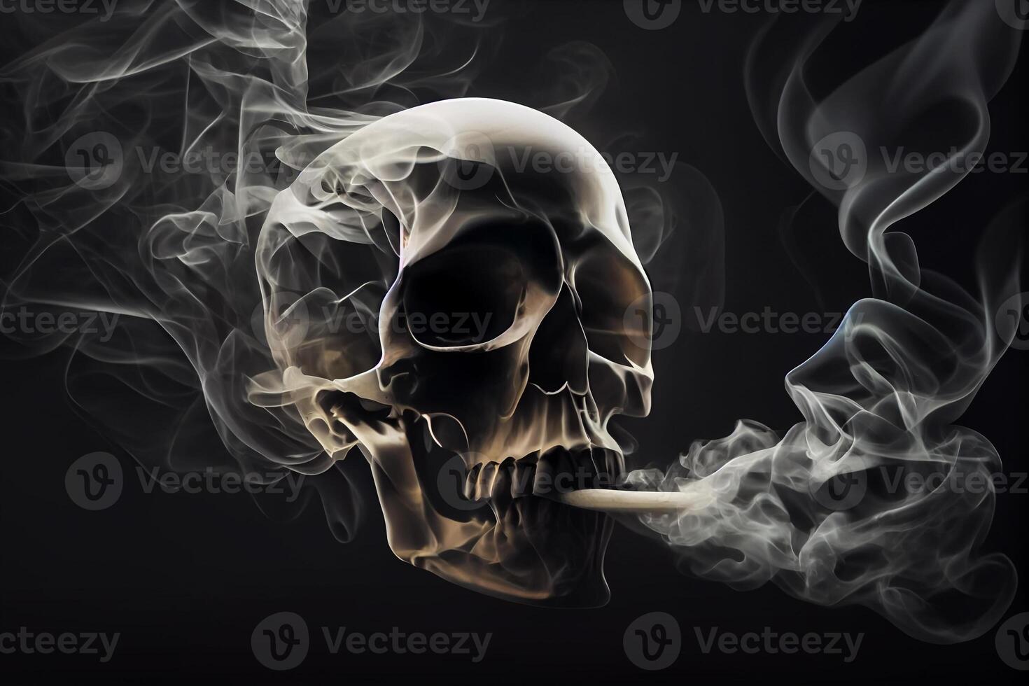 skull in smoke, harm from cigarette nicotine addiction illustration photo