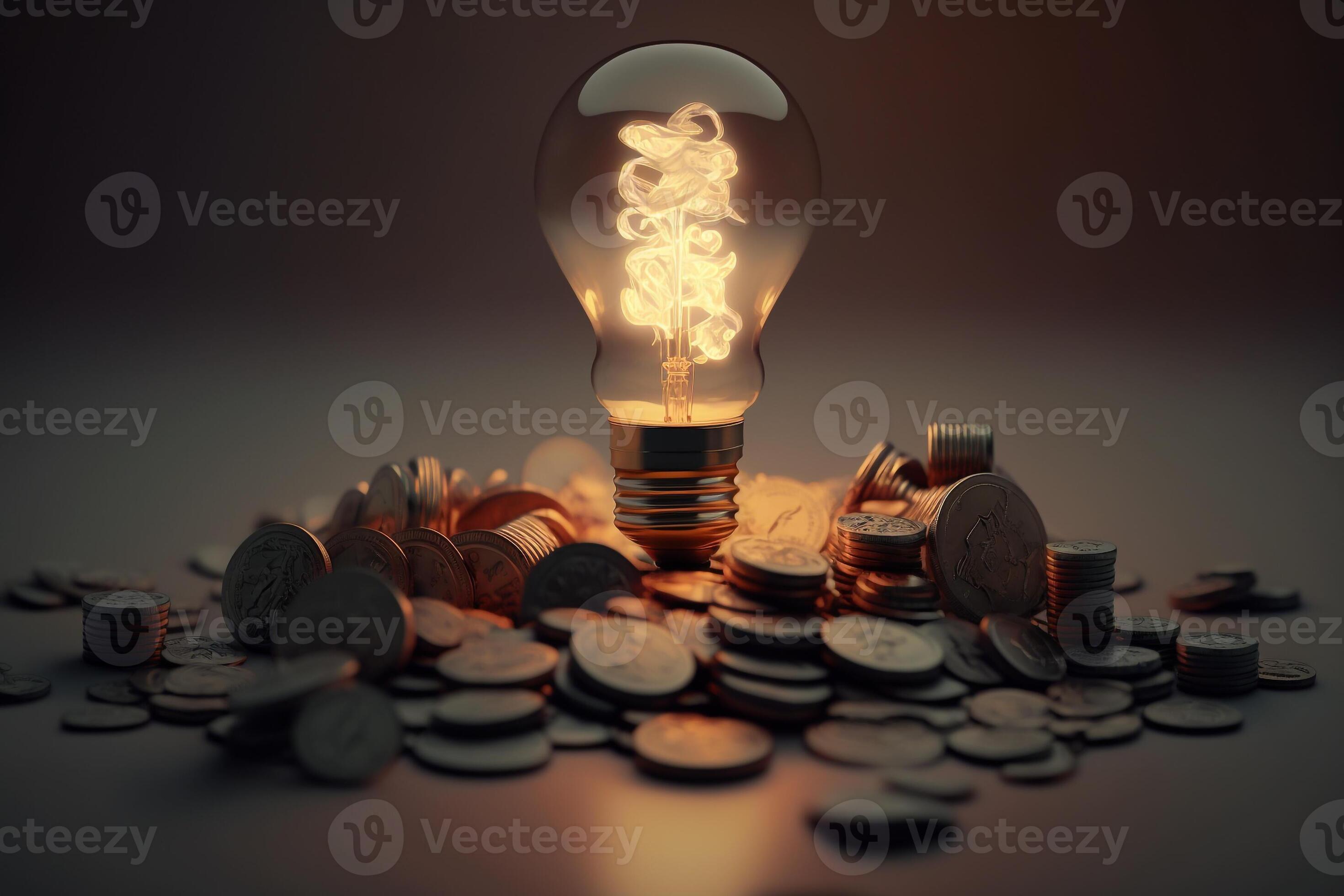 glowing lamp bulb with coins tariffs for electricity, payment for