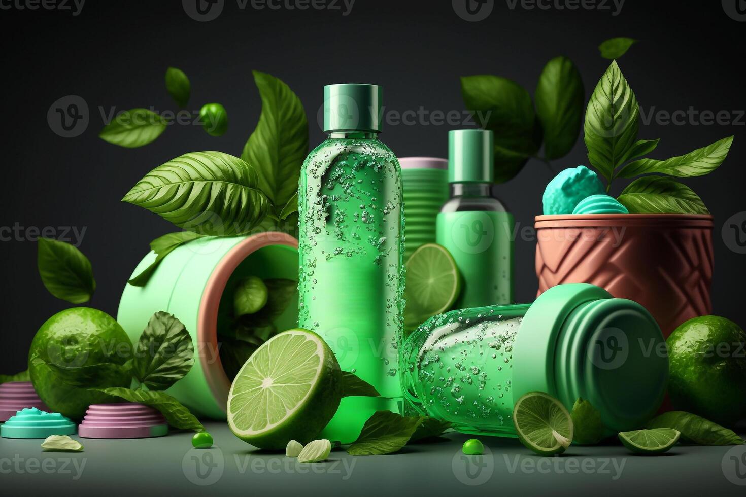 cosmetic bottle with green lime and mint leaf illustration photo