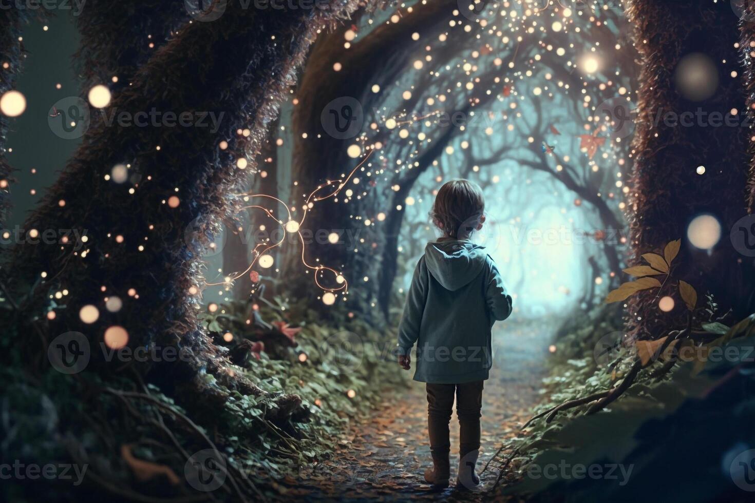 child on magic forest with tall tree and fairy dust photo