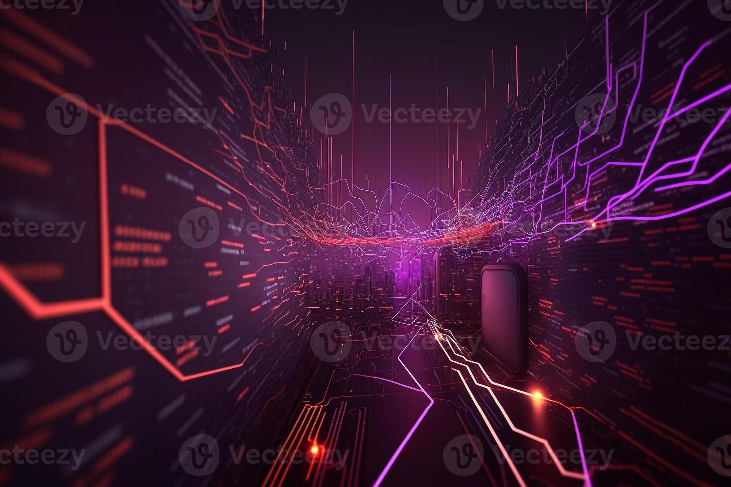 digital cyber security background, information flow neon lighting illustration photo