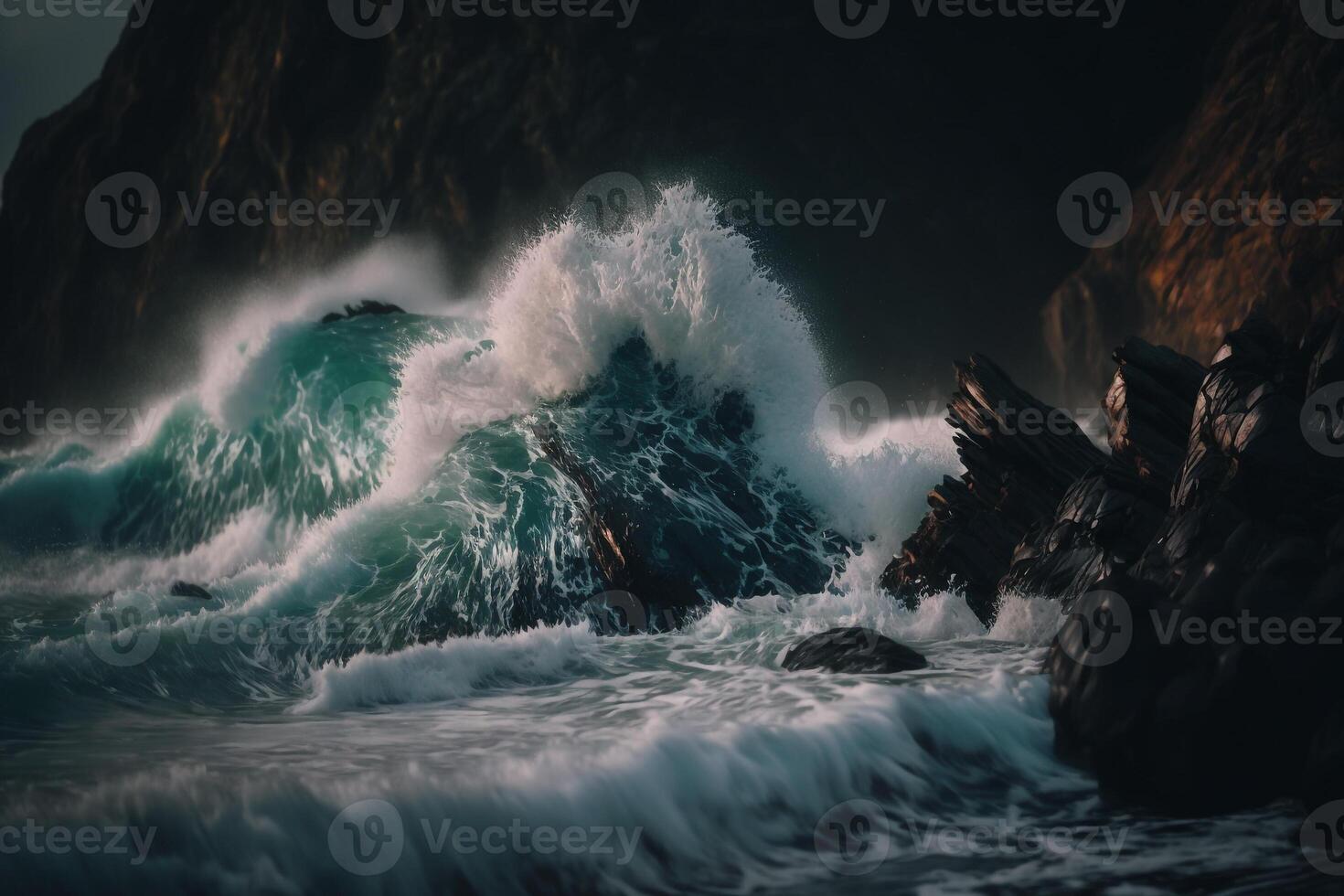 frash ocean waves crash on rocks photo