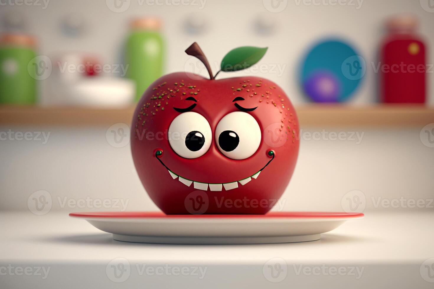 funny red apple with eyes in a kitchen plate photo