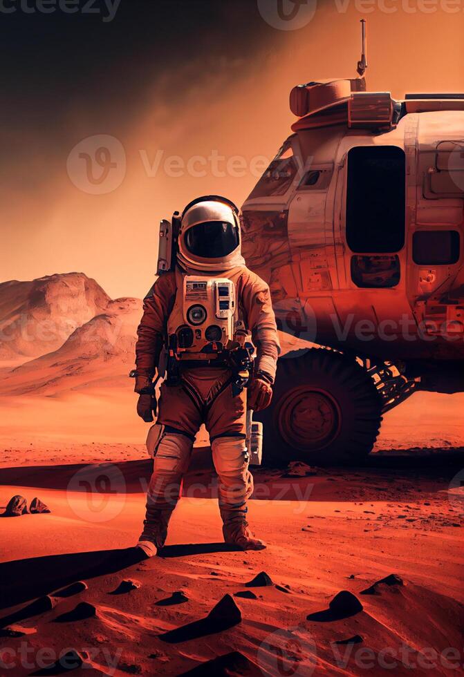 astronauta en Marte y Marte vagabundo, expedición en rojo planeta ilustración generativo ai foto