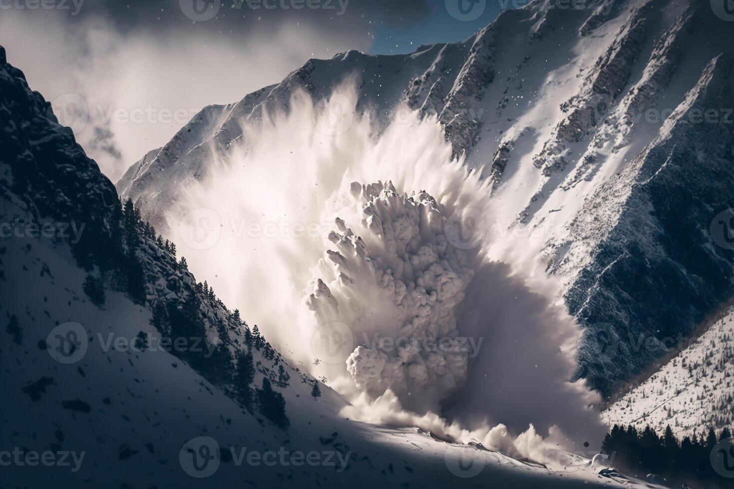 snow avalanche coming down the mountain photo