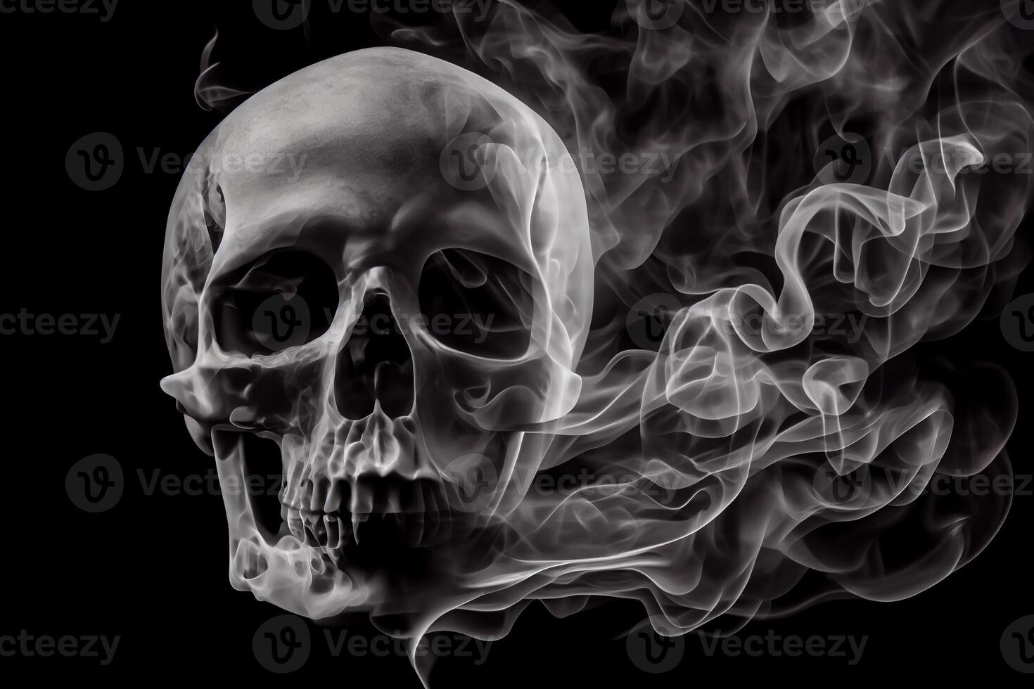 human skull in cigarette smoke, nicotine addiction harm of smoking illustration photo
