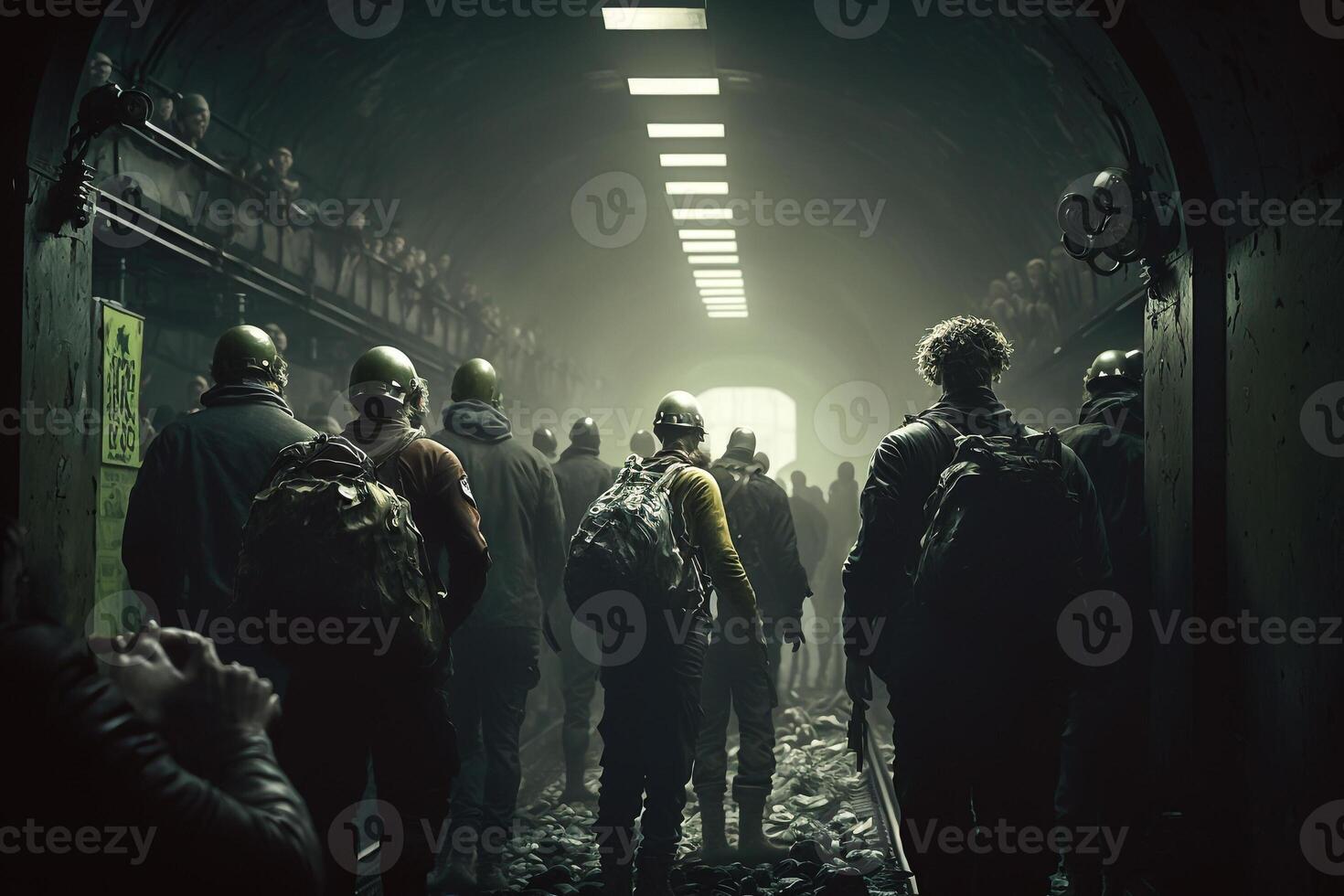 a crowd of zombies in the subway tunnel illustration photo