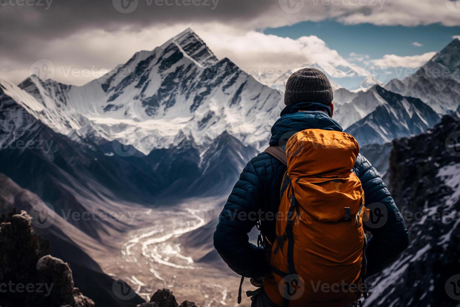 man climbing a snowy mountain active winter adventure trip illustration photo