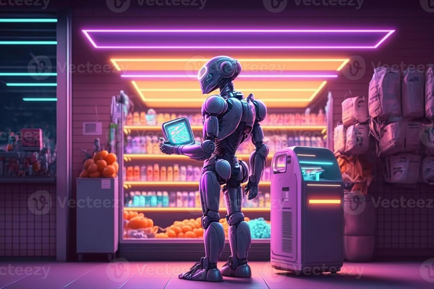 the robot came shopping to the store neon light illustration photo