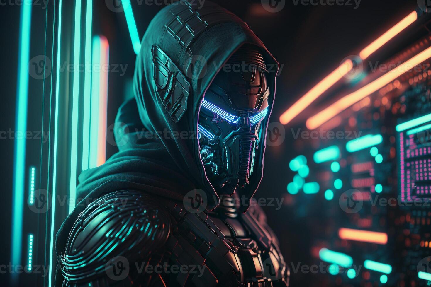 protection guard robot on face mask in dark illustration photo