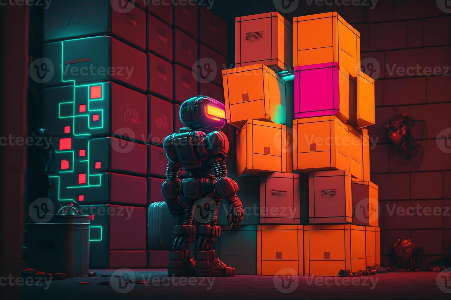 robot in warehouse with boxes and containers looking for a parcel illustration photo