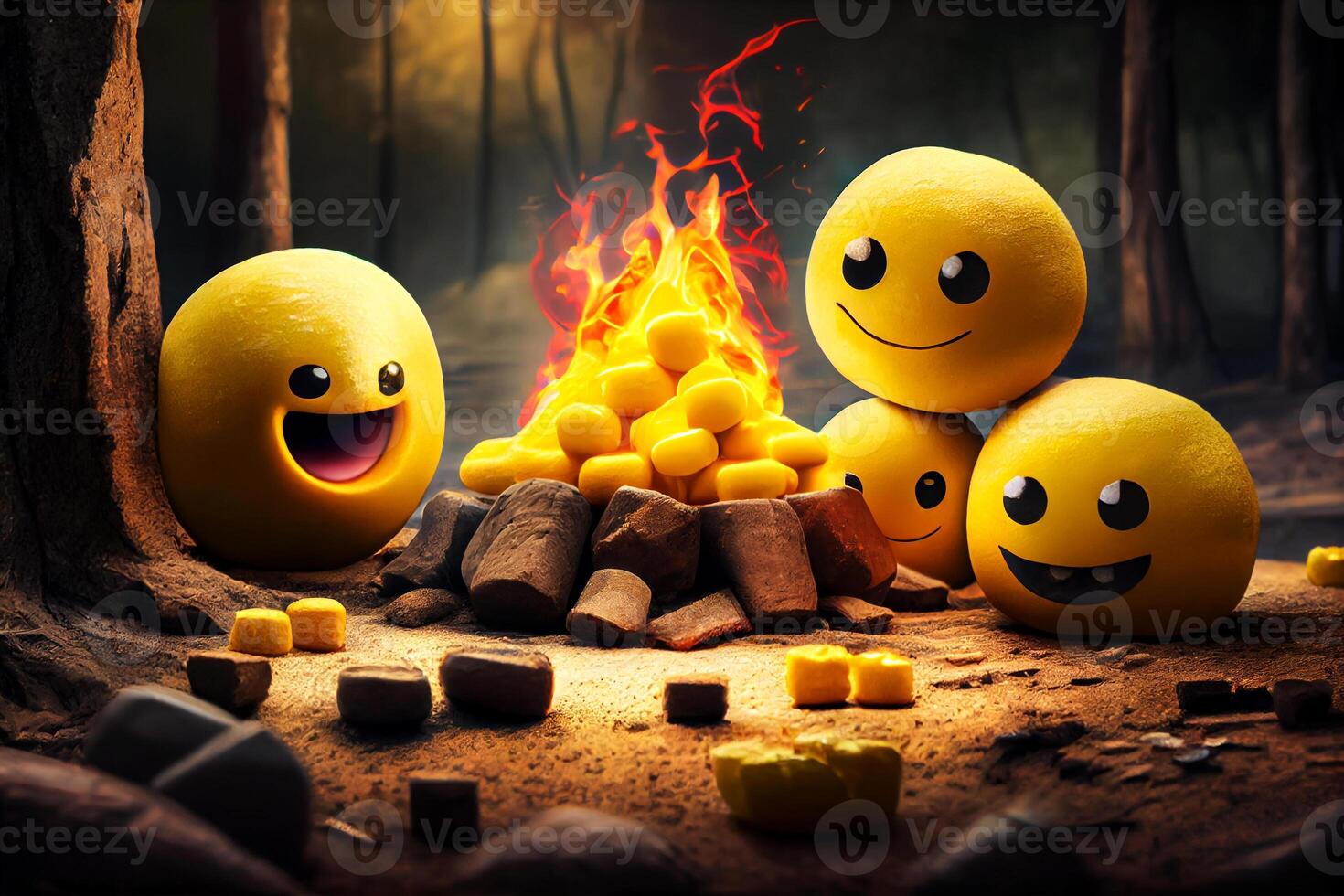 funny emoticons on nature, emoji friends are warming themselves by the fire in the forest illustration photo